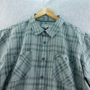 Orvis Mens XXL Green Plaid Fishing Hiking Short Sleeve Button Up Shirt Stretch‎